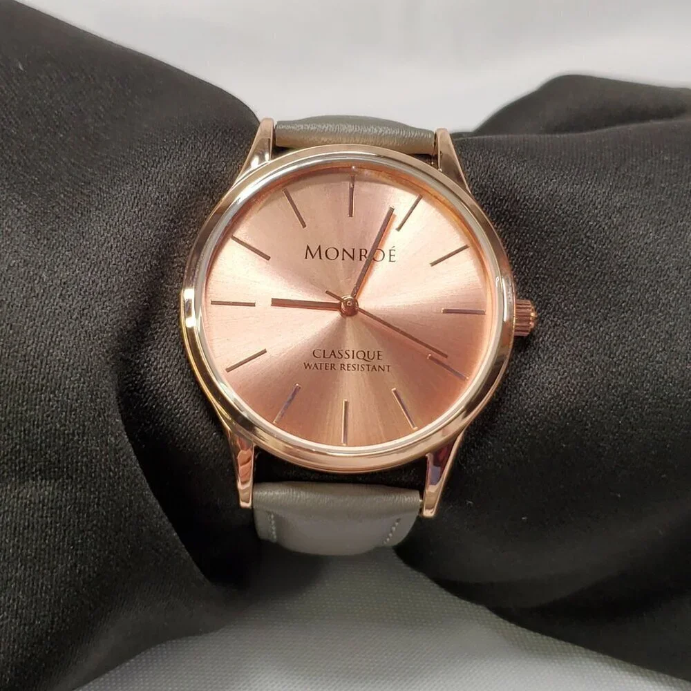 Monroe By Maestro Womans Rose Gold Color Watch With Grey Genuine Leather Strap